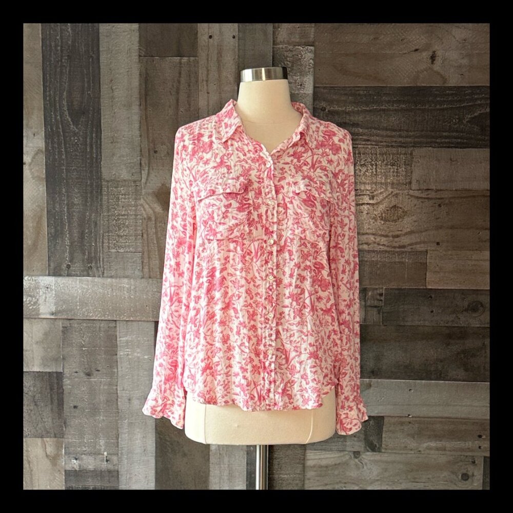 Lucky Brand button up shirt small pink floral birds cottagecore coastal cowgirl